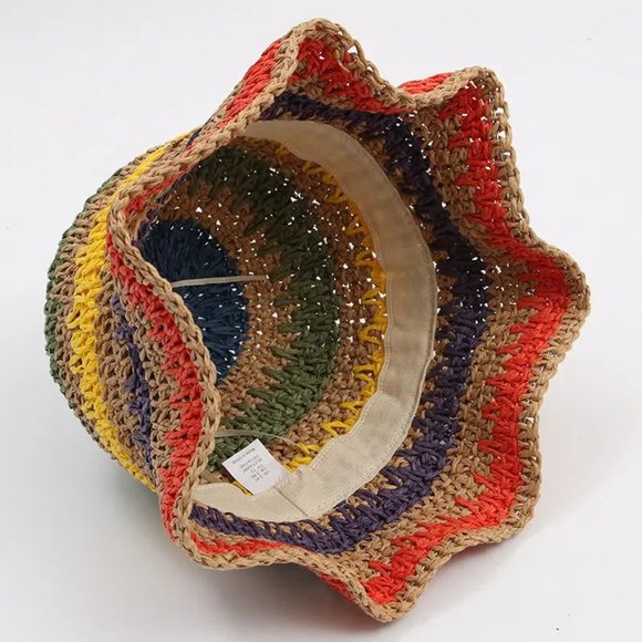Foldable Bohemian Seaside Rainbow Color Straw Woven Sunhat - Picture 4 of 14